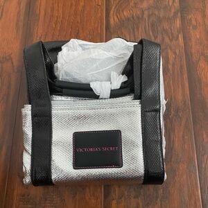 Victorias Secret Womens Double Handles Zipper Silver Black Tote Bag